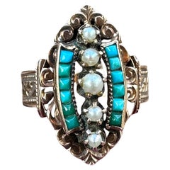 Antique Victorian 14k Rose Gold Turquoise Pearl Ring, circa 1895