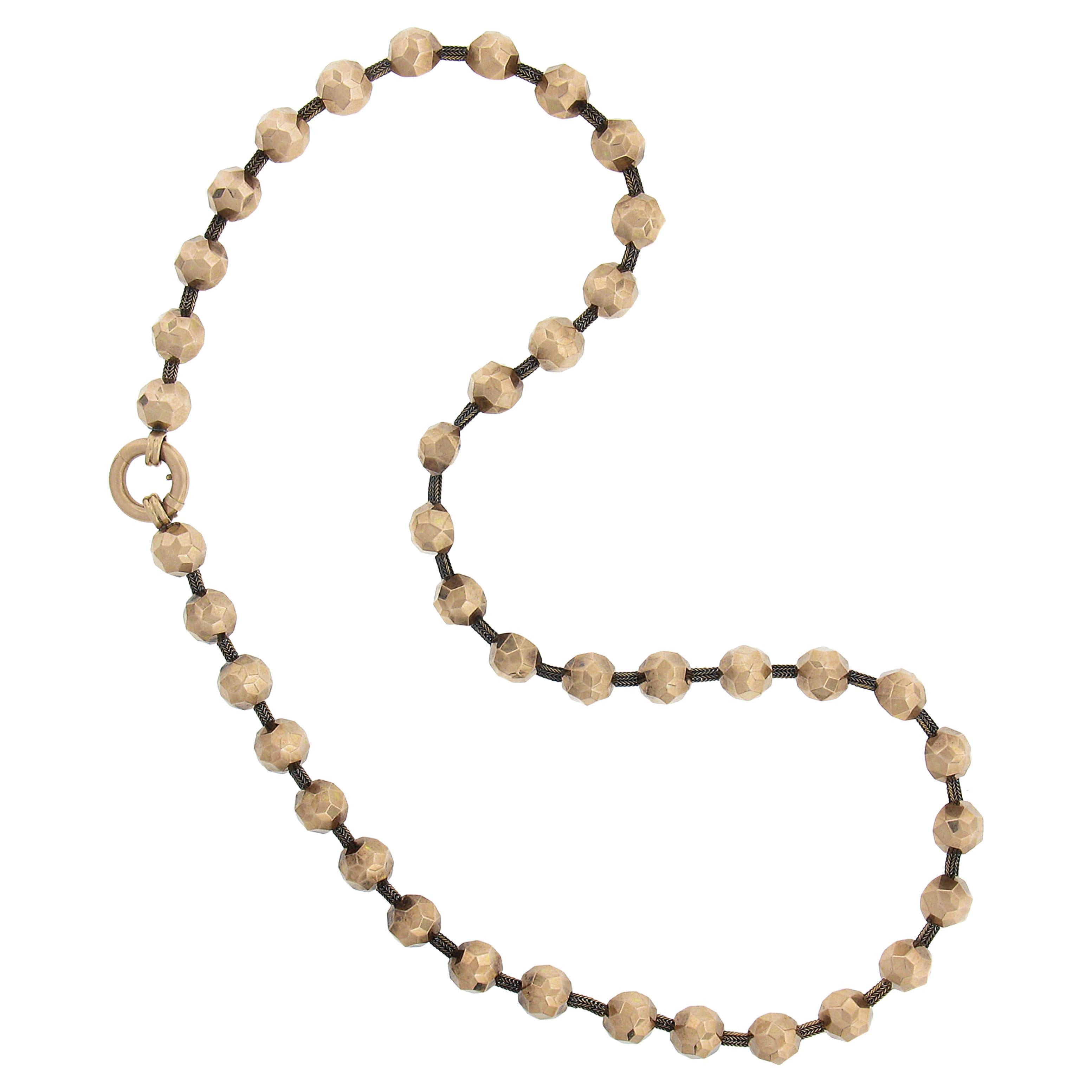 Victorian 14k Rosy Gold 19" Faceted Round Bead Ball on Wheat Link Chain Necklace For Sale