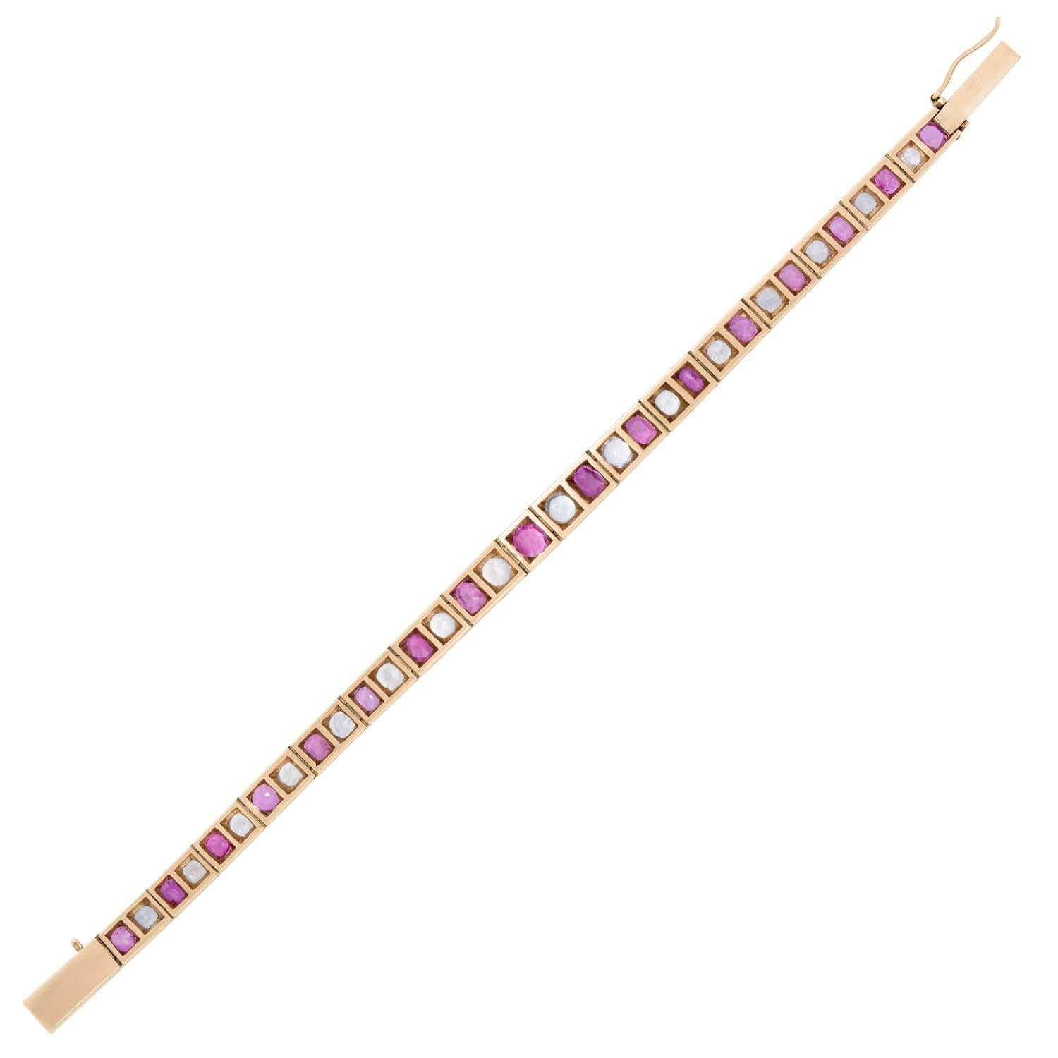 Women's or Men's Victorian 14k Ruby and Sapphire Line Bracelet For Sale
