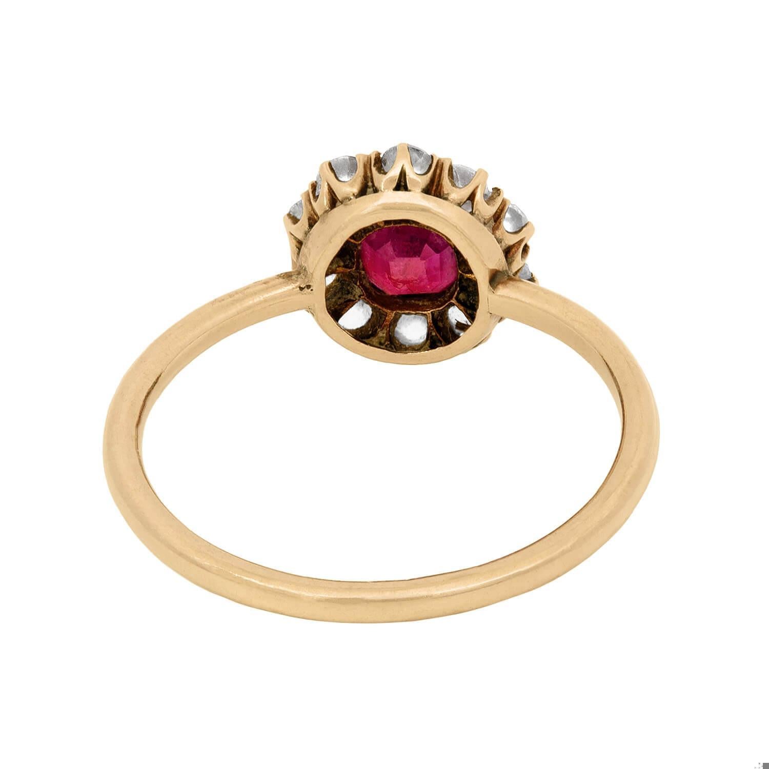 Women's Victorian 14k Ruby & Diamond Halo Ring For Sale