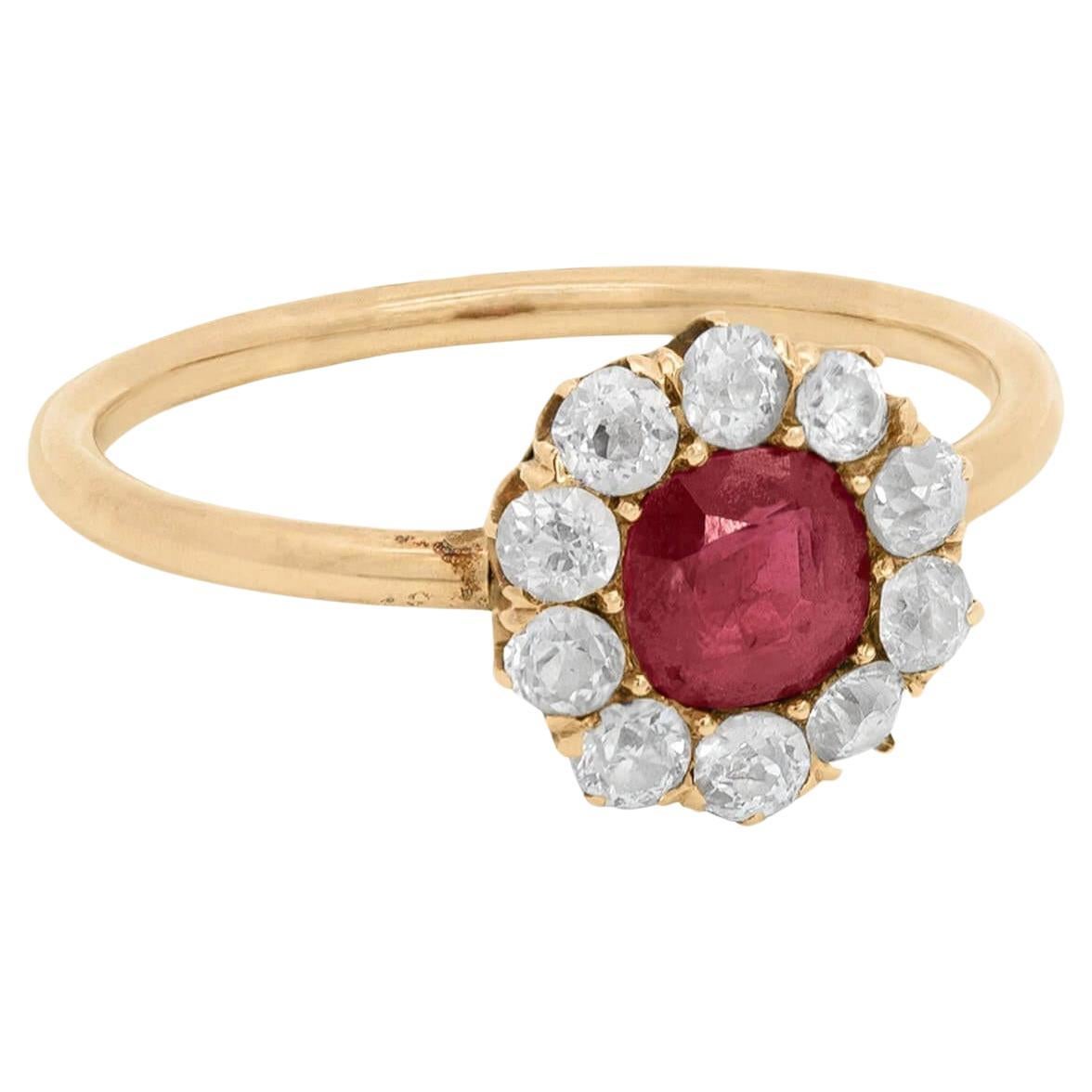Victorian 14k Ruby & Diamond Halo Ring For Sale