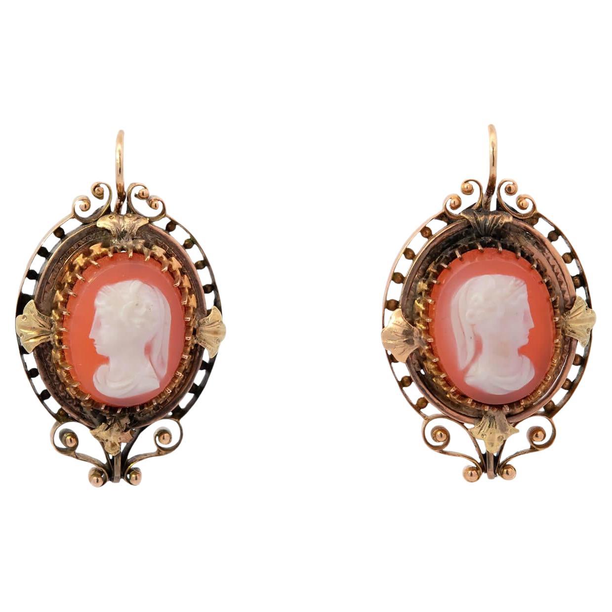 Victorian 14k Sardonyx Hardstone Lady Faces Cameo Earrings