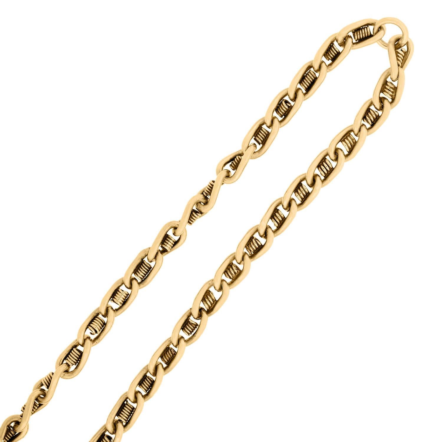 A beautiful spring chain from the Victorian (ca1880s) era! This wonderful piece is crafted in 14kt rosy yellow gold to form a fabulous necklace! The chain is comprised of simple curb links with a spring motif separating each link. The necklace
