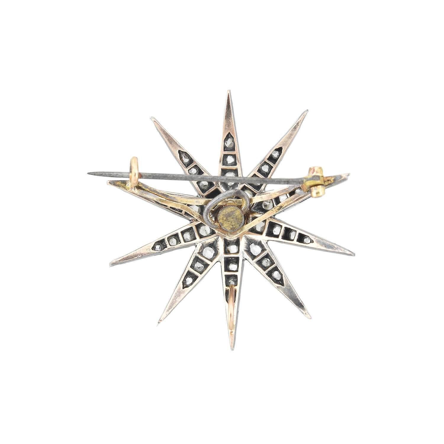 Rose Cut Victorian 14k Sterling Diamond and Sapphire Starburst Pin For Sale