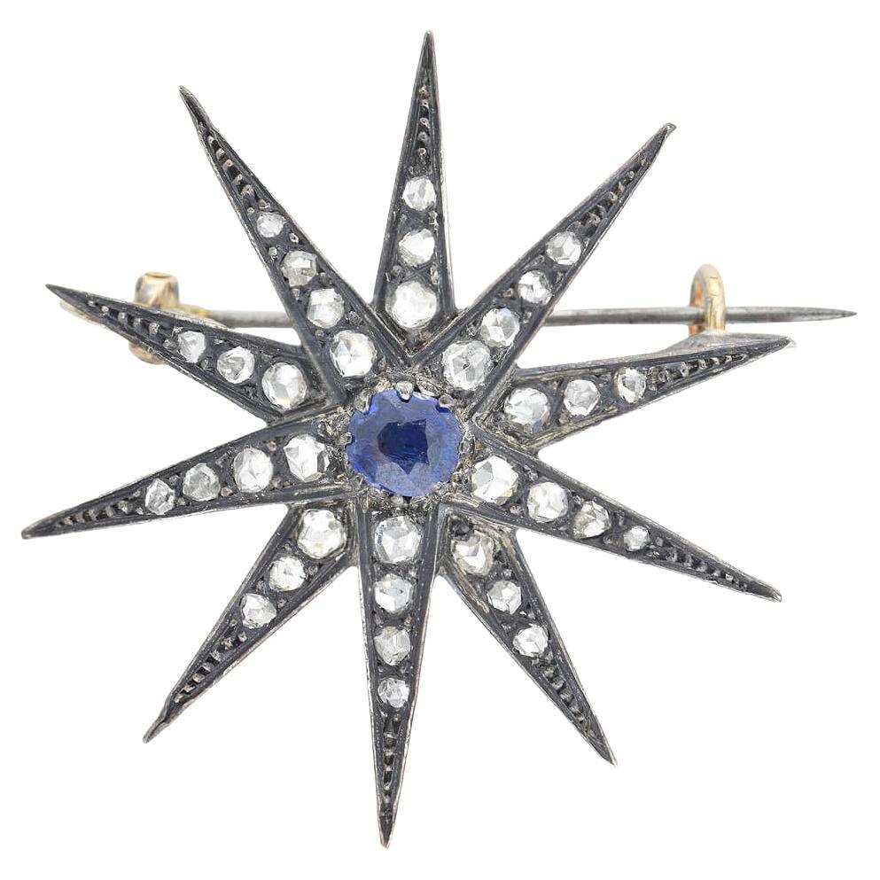 Victorian 14k Sterling Diamond and Sapphire Starburst Pin