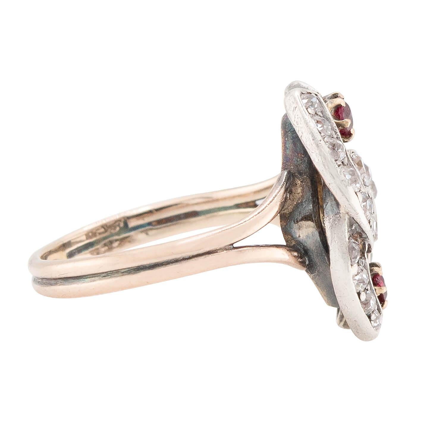 Old European Cut Victorian 14k/Sterling Silver Diamond and Ruby Double Horseshoe Ring For Sale