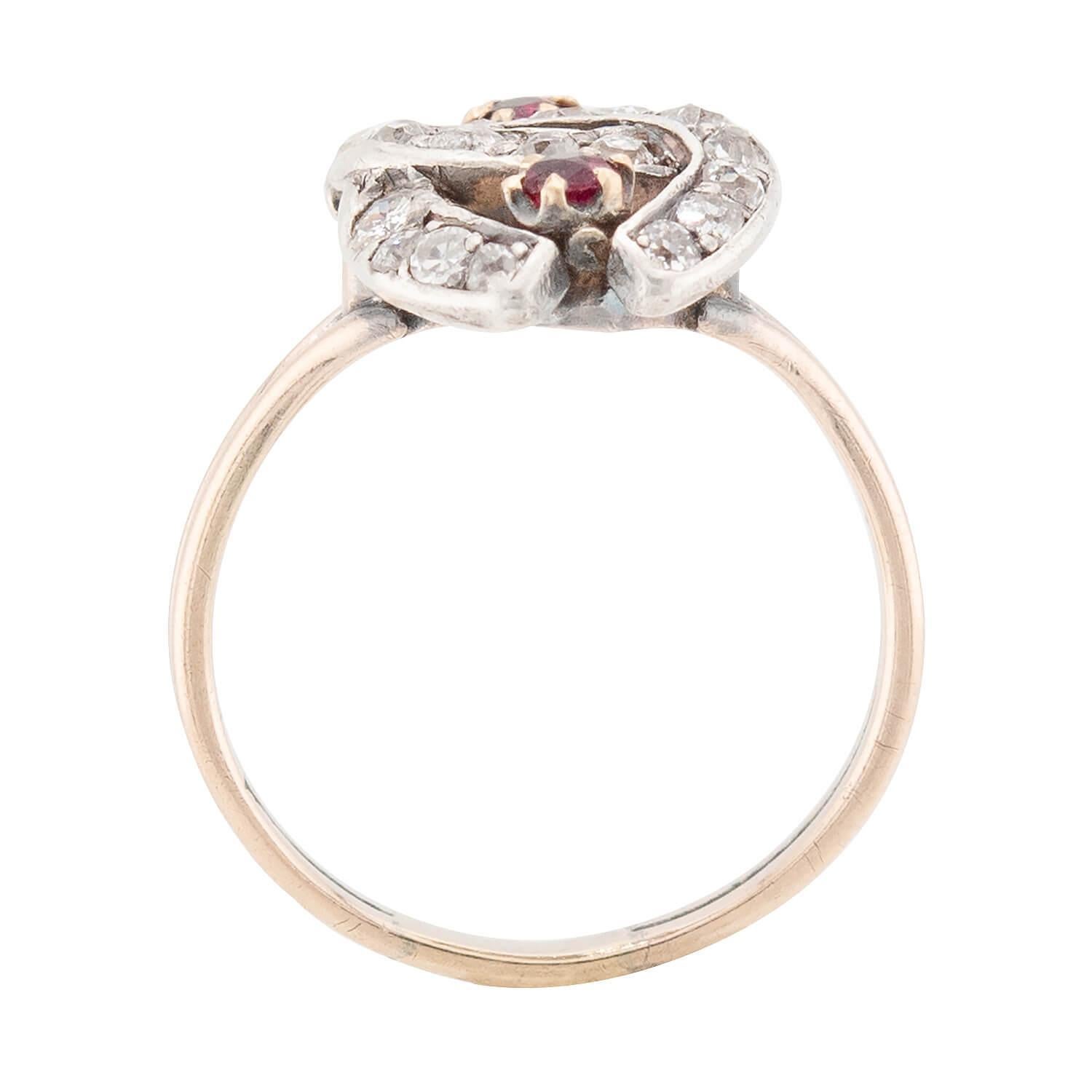 Victorian 14k/Sterling Silver Diamond and Ruby Double Horseshoe Ring In Good Condition For Sale In Narberth, PA