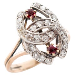 Anello vittoriano a doppio ferro di cavallo con diamanti e rubini in argento 14k/Sterling Silver