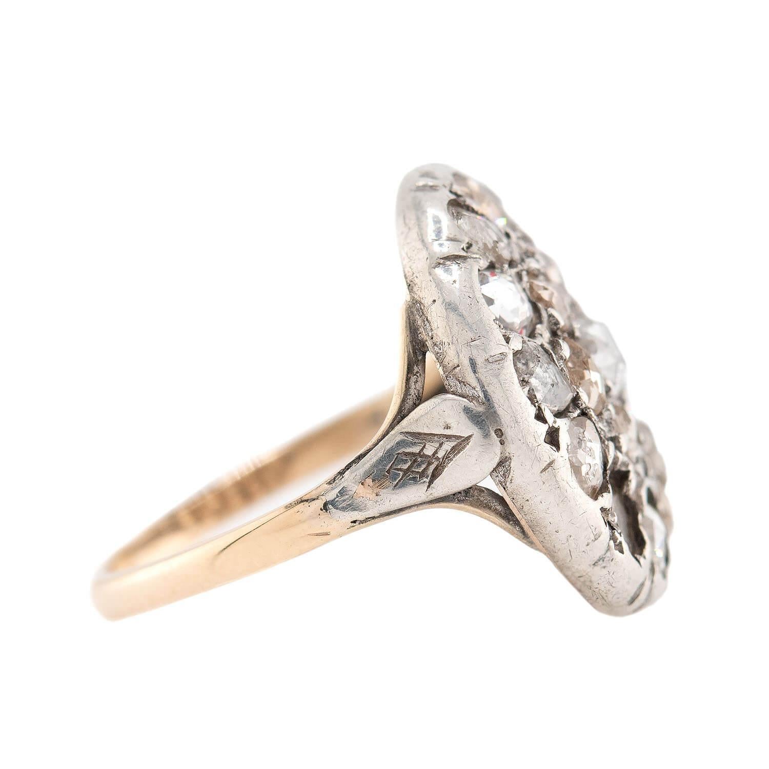 Rose Cut Victorian 14k/Sterling Silver Diamond Cluster Ring For Sale