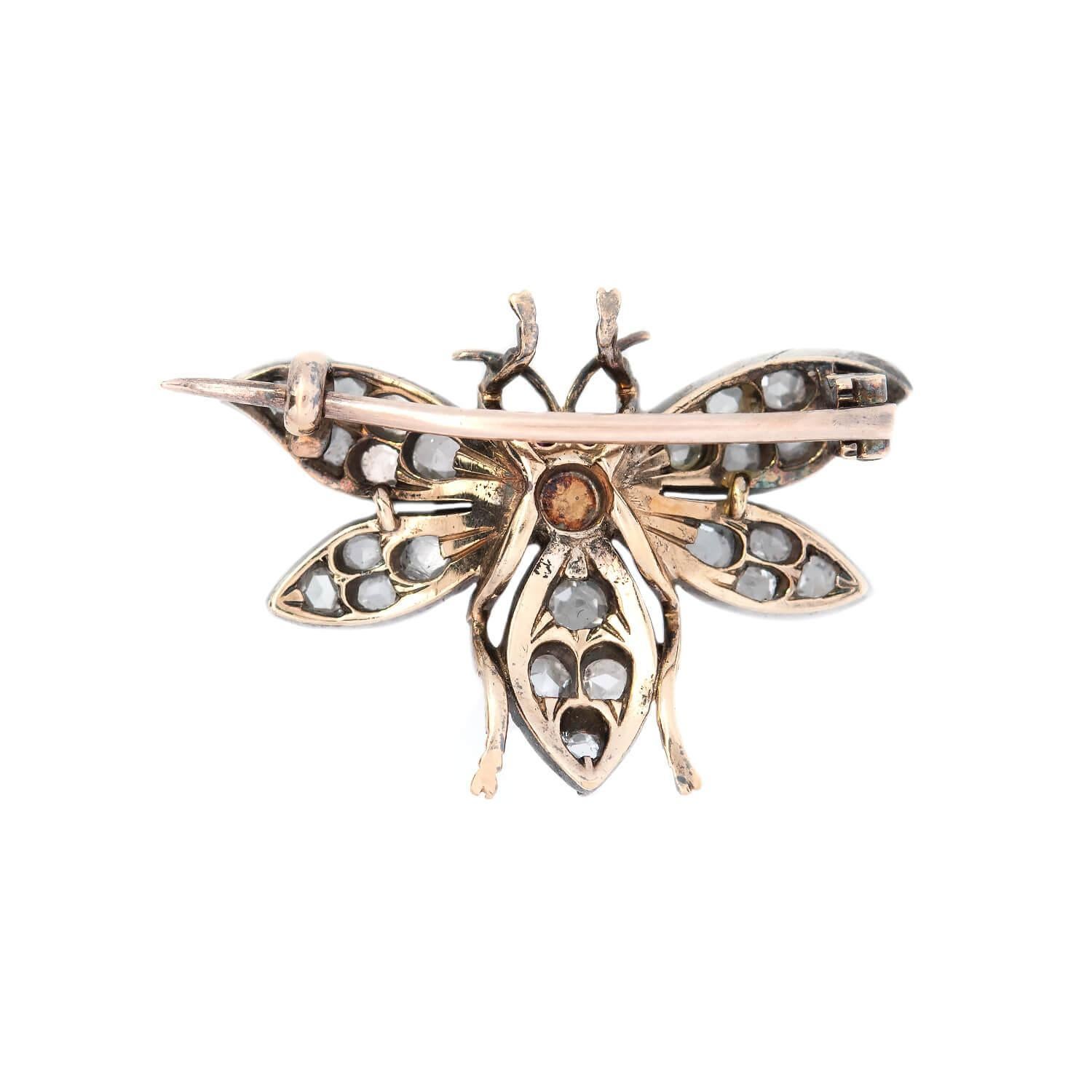 Viktorianische 14k/Sterling Silber Diamant, Perle, und Rubin Fliegen Pin (Ungeschliffen) im Angebot