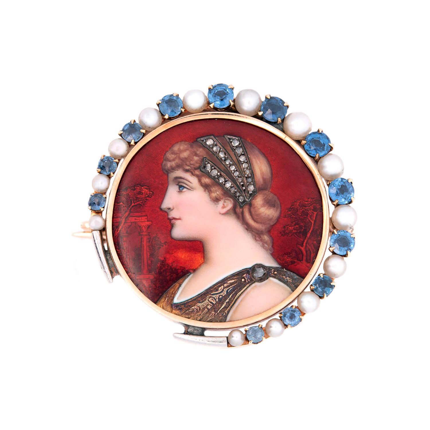 Victorian 14k/Sterling Silver Diamond Pearl and Sapphire Enameled Roman Bust Pin In Good Condition For Sale In Narberth, PA
