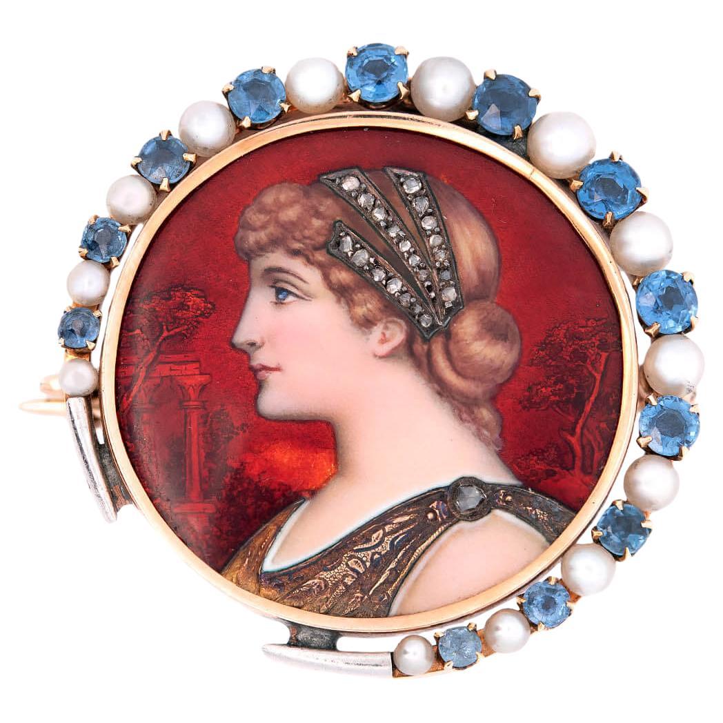 Victorian 14k/Sterling Silver Diamond Pearl and Sapphire Enameled Roman Bust Pin For Sale