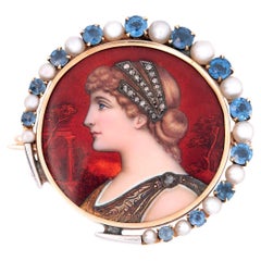 Antique Victorian 14k/Sterling Silver Diamond Pearl and Sapphire Enameled Roman Bust Pin