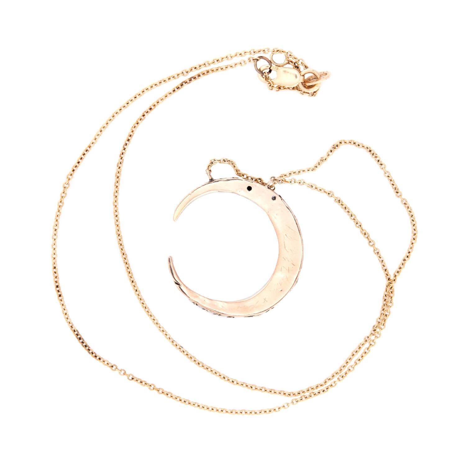 Taille rose Collier victorien à pendentif croissant en diamant et perle en argent 14k/terling en vente
