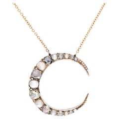 Collier victorien à pendentif croissant en diamant et perle en argent 14k/terling