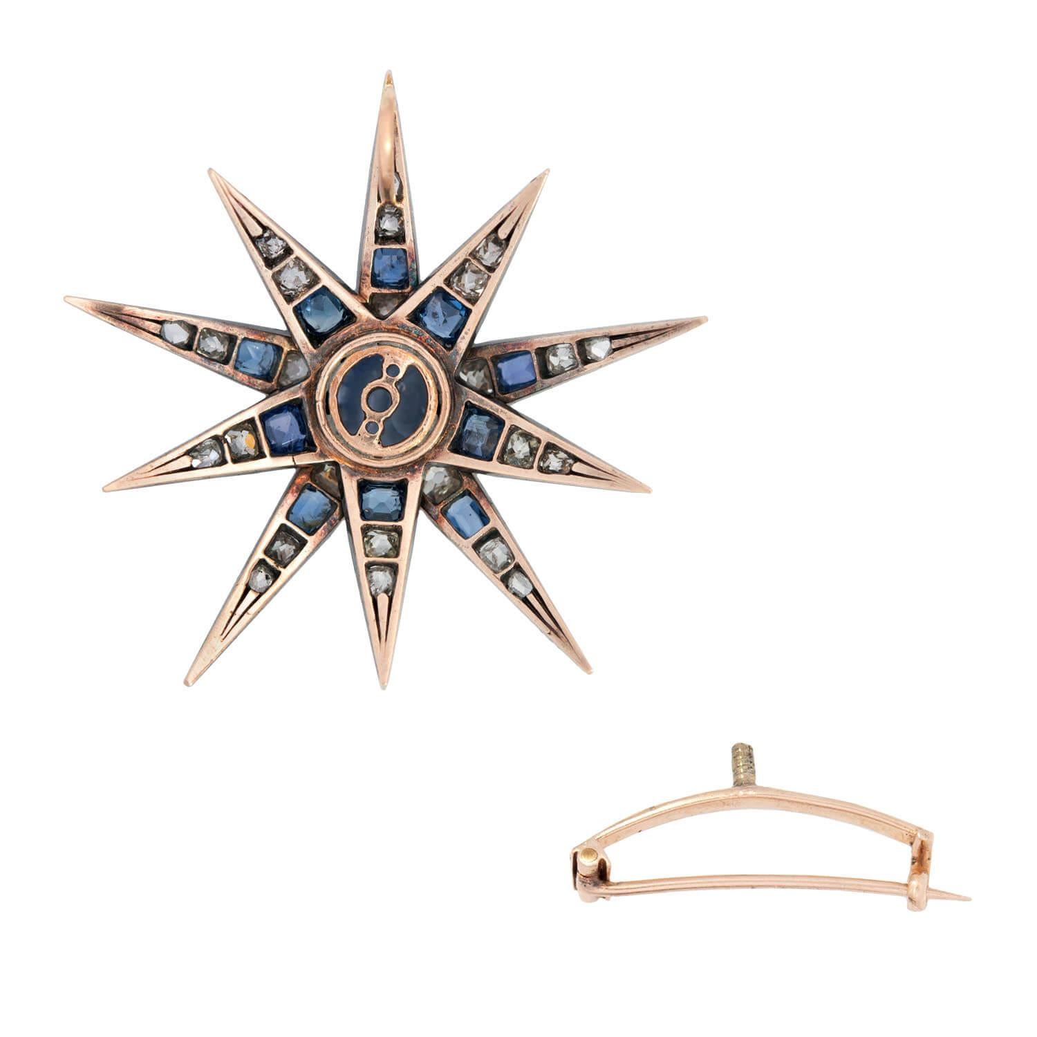 Victorian 14k/Sterling Silver Diamond & Sapphire Star Pendant Pin In Good Condition For Sale In Narberth, PA
