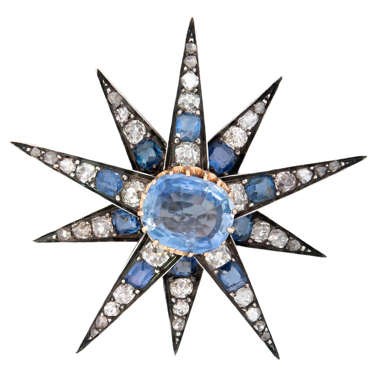 Victorian 14k/Sterling Silver Diamond & Sapphire Star Pendant Pin For Sale