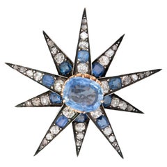 Antique Victorian 14k/Sterling Silver Diamond & Sapphire Star Pendant Pin