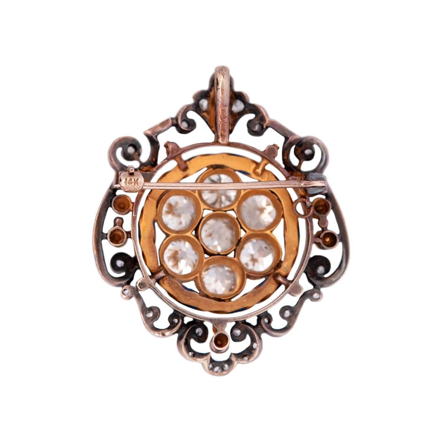 Old Mine Cut Victorian 14k Sterling Silver Diamonds Natural Pearls Enamel Pin/Pendant For Sale