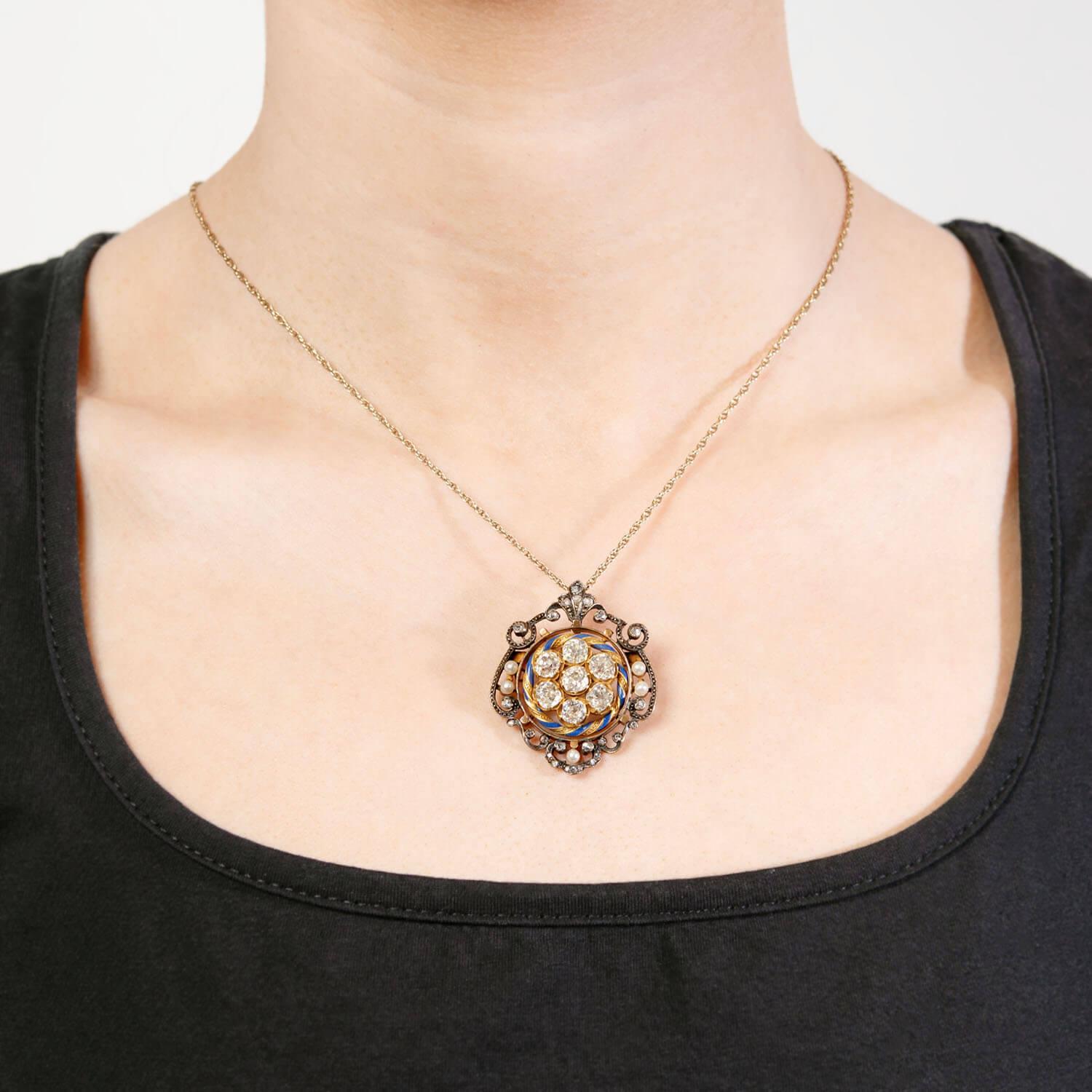 Victorian 14k Sterling Silver Diamonds Natural Pearls Enamel Pin/Pendant In Good Condition For Sale In Narberth, PA