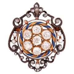 Victorian 14k Sterling Silver Diamonds Natural Pearls Enamel Pin/Pendant