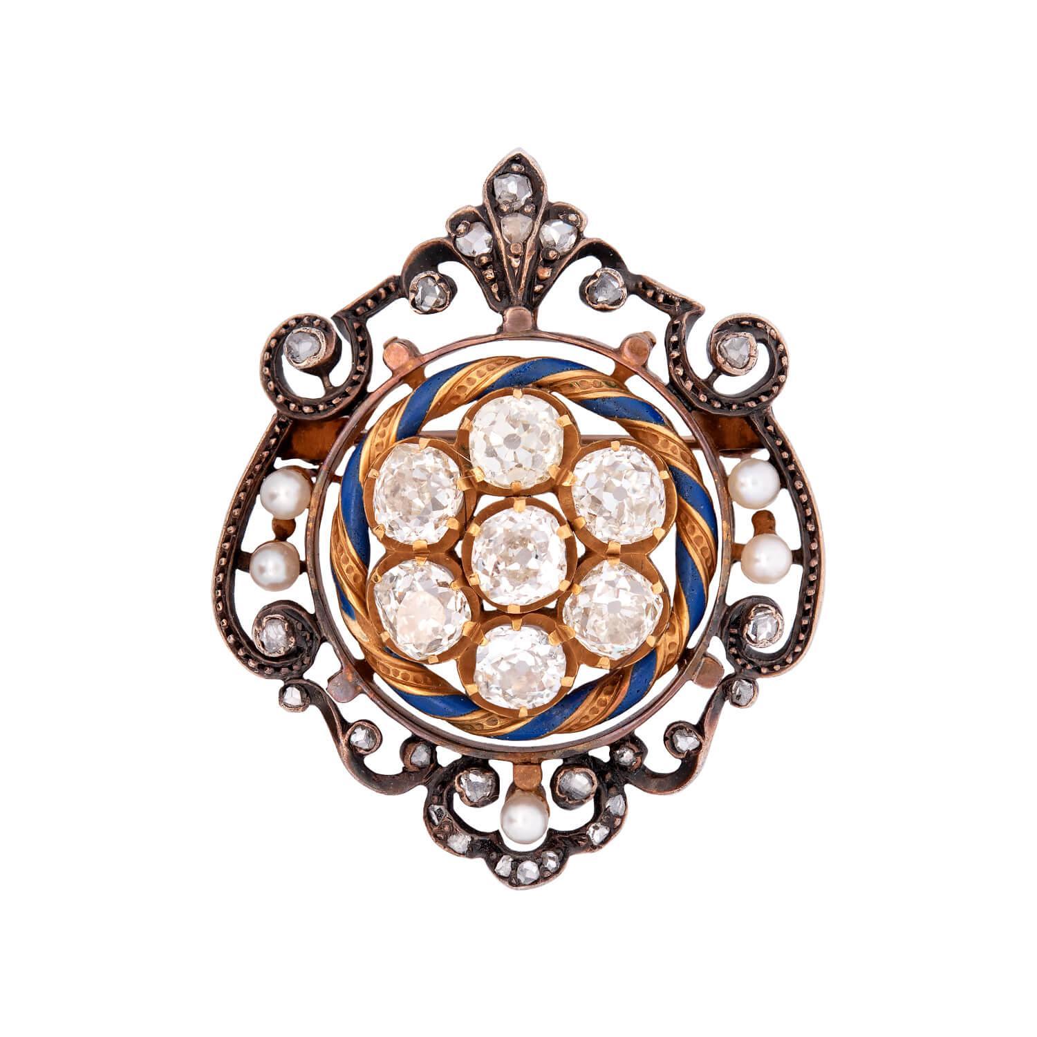 Spilla/pendente vittoriano in argento sterling 14k con perle naturali e diamanti