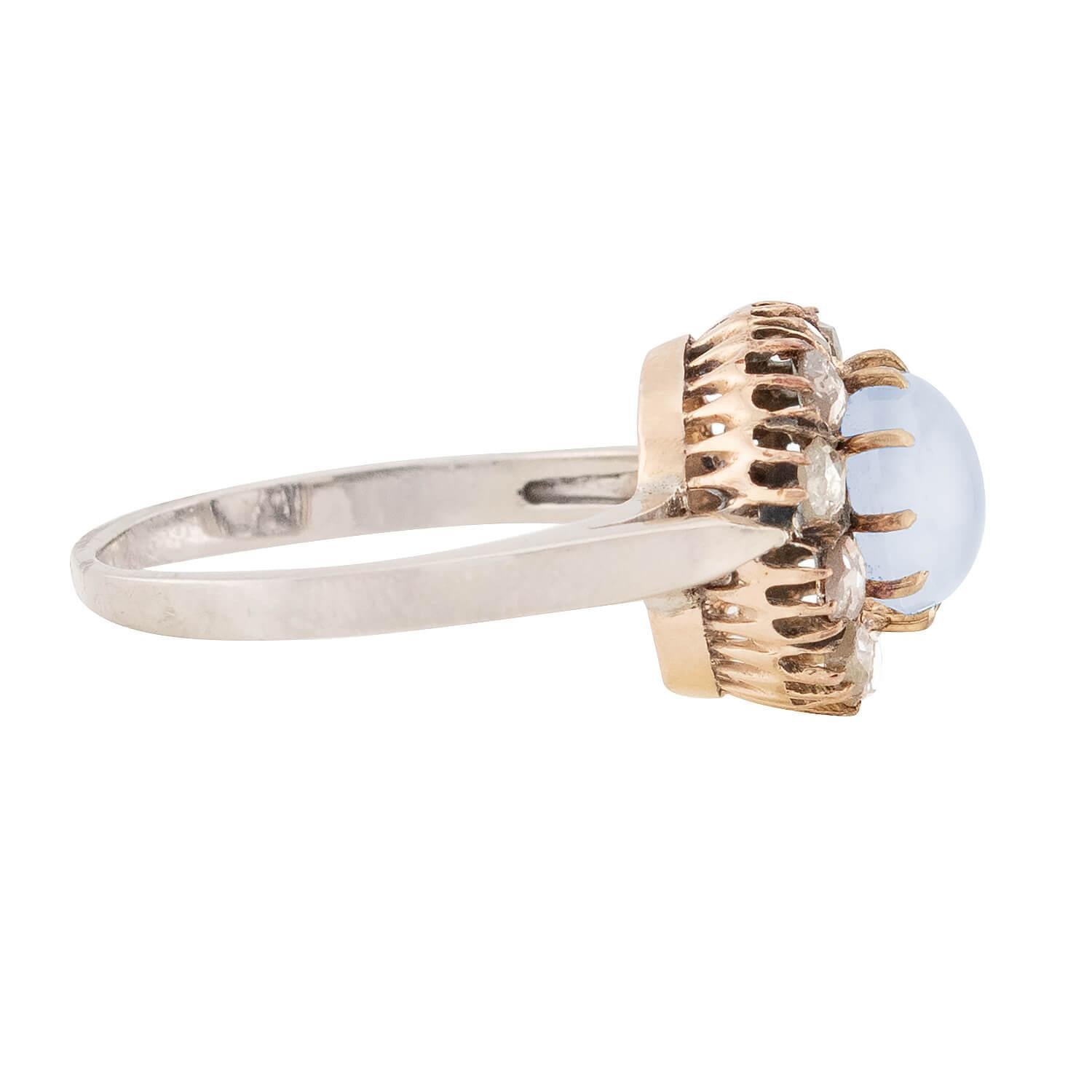 Vittoriano Anello vittoriano con pietra di luna e diamante a raggiera in argento 14k/sterling in vendita
