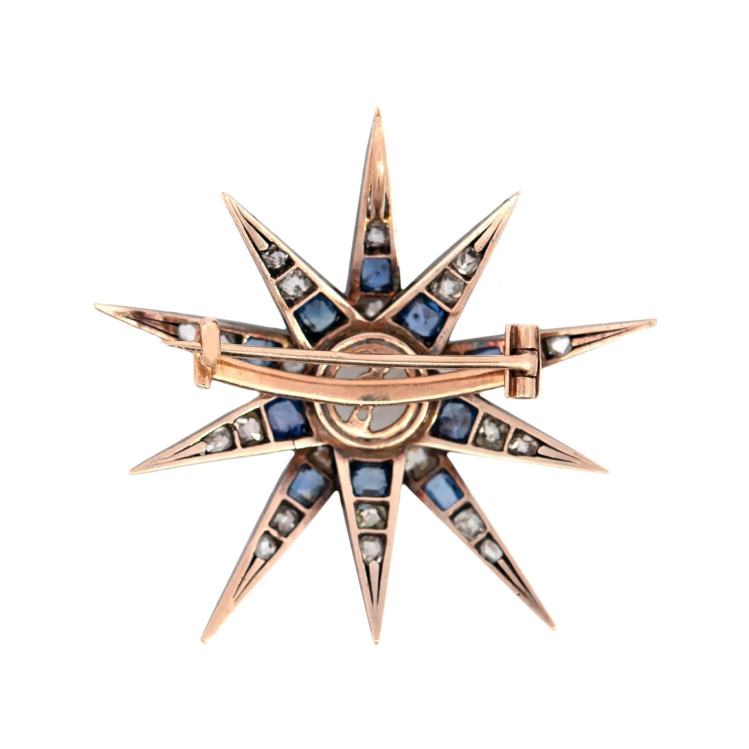 Vittoriano Spilla vittoriana con pietra lunare, diamante e zaffiro in argento 14k/sterling in vendita
