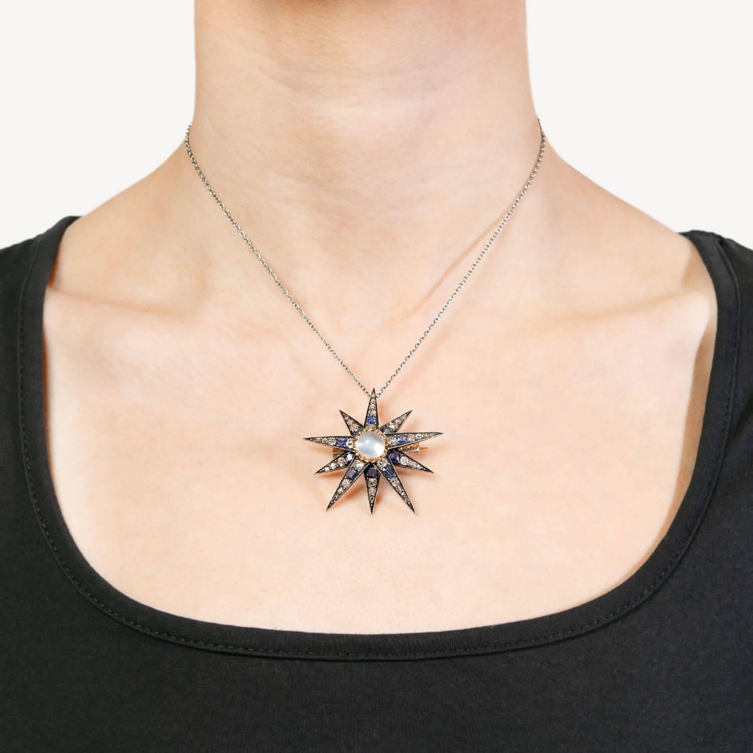 Cabochon Spilla vittoriana con pietra lunare, diamante e zaffiro in argento 14k/sterling in vendita