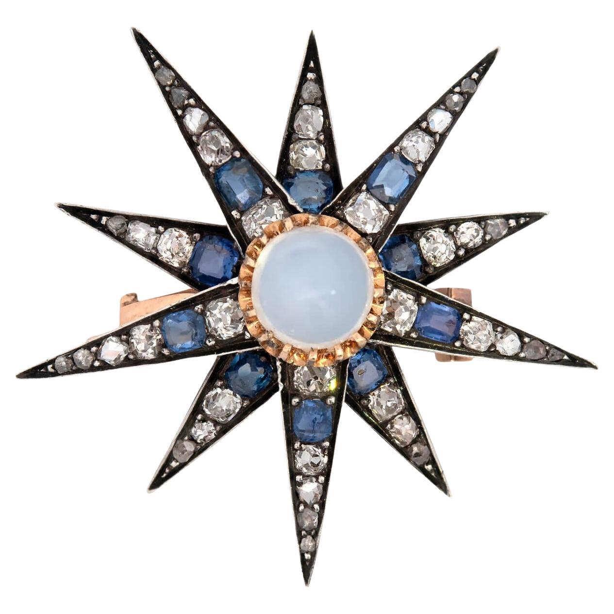 Spilla vittoriana con pietra lunare, diamante e zaffiro in argento 14k/sterling in vendita