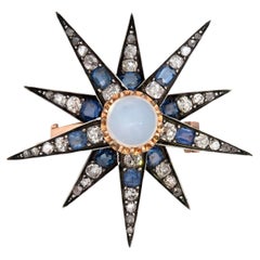 Victorian 14k/Sterling Silver Moonstone, Diamond & Sapphire Star Pendant Pin