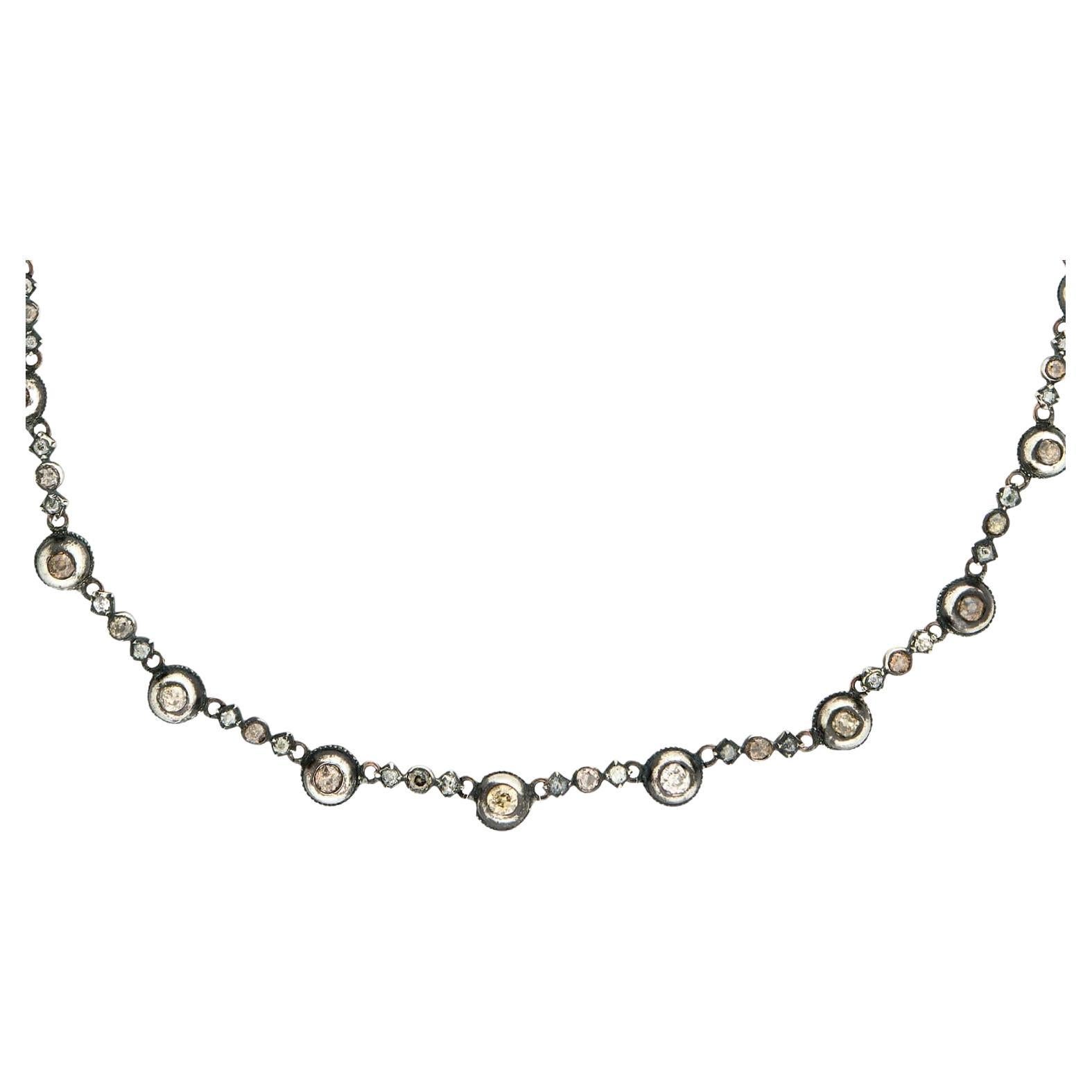 Victorian 14k/Sterling Silver Multi-Color Diamond Riviera Necklace