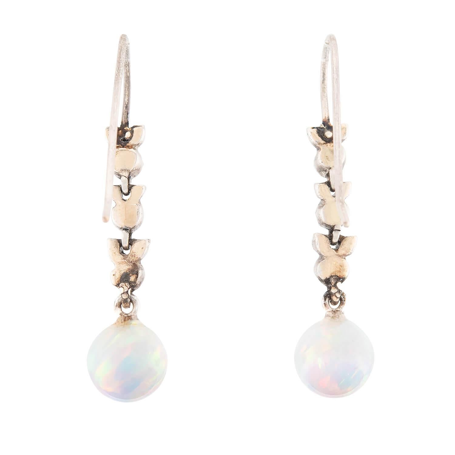 Ball Cut Victorian 14k/Sterling Silver Opal and Diamond Drop Earrings For Sale