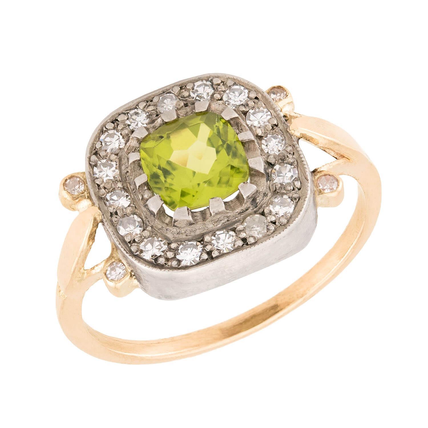 Viktorianischer Halo-Ring aus 14k/Sterling Silber Peridot und Diamant