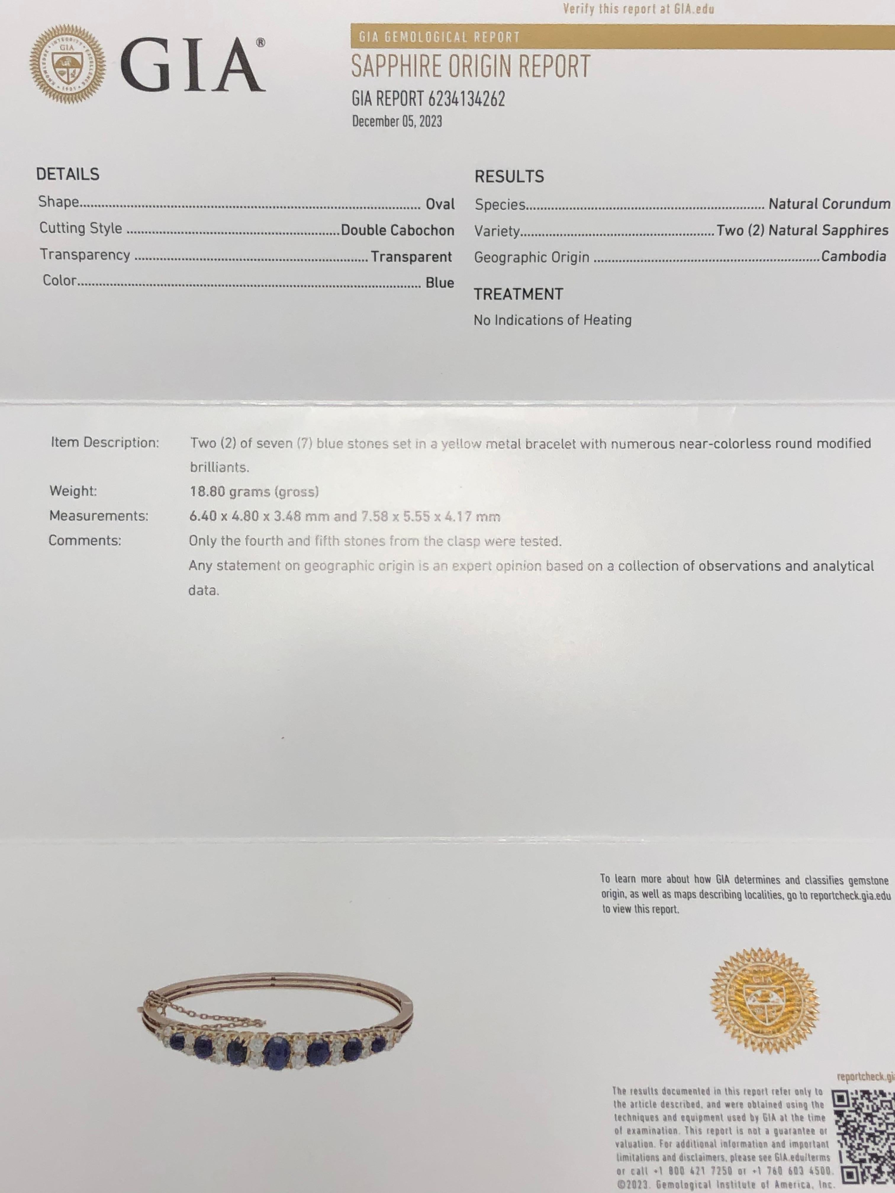 Viktorianisches 14K Zuckerhut-Cabochon-Saphir- Mine-Diamant-Manschettenarmband GIA NO HEAT im Angebot 6