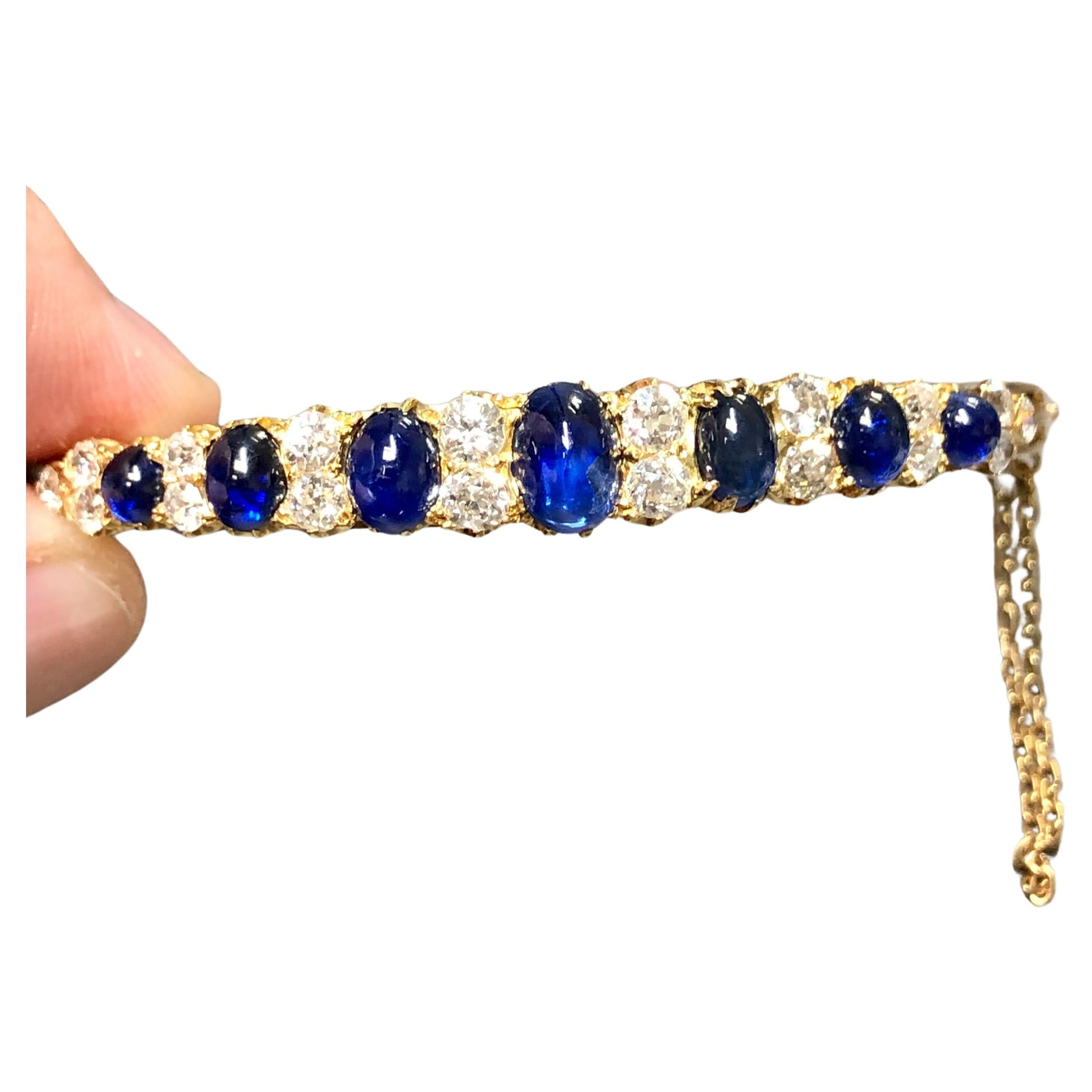 Victorian 14K Sugarloaf Cabochon Sapphire Mine Diamond Cuff Bracelet GIA NO HEAT