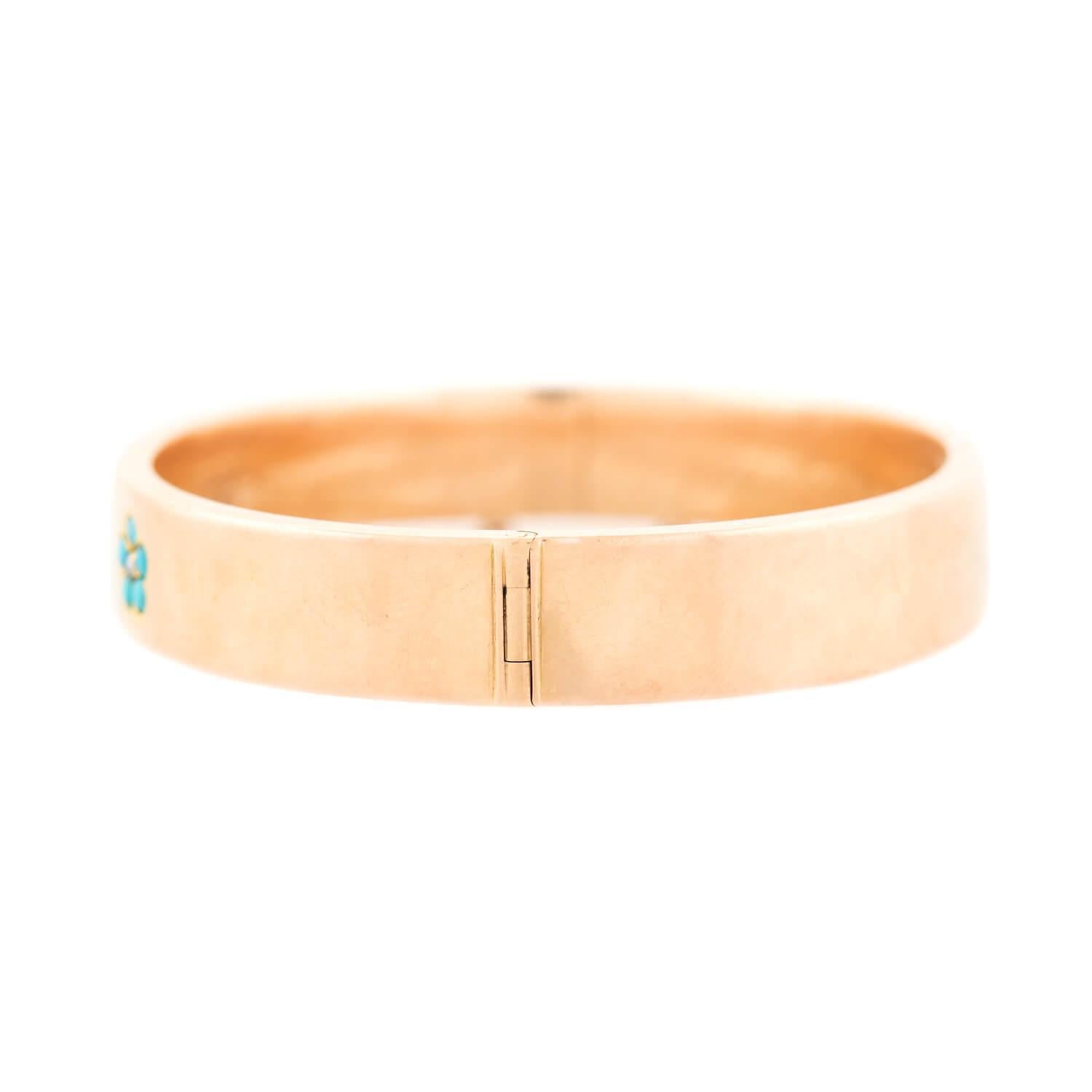 A gorgeous turquoise and pearl bracelet from the Victorian (ca1880) era! This wonderful 14k rose gold bangle features a floral 