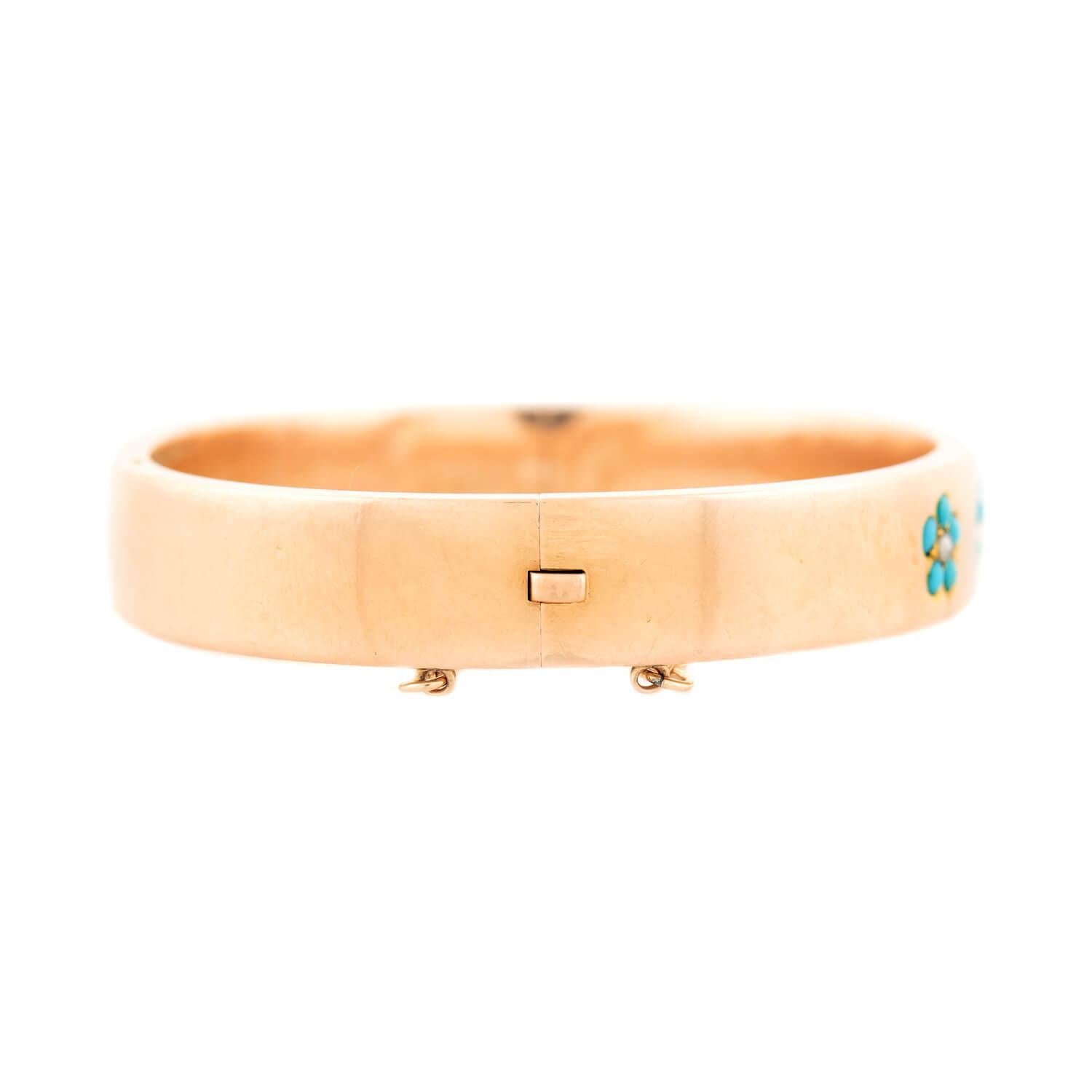 Victorian 14k Turquoise and Pearl Forget-Me-Not Bangle Bracelet In Good Condition For Sale In Narberth, PA
