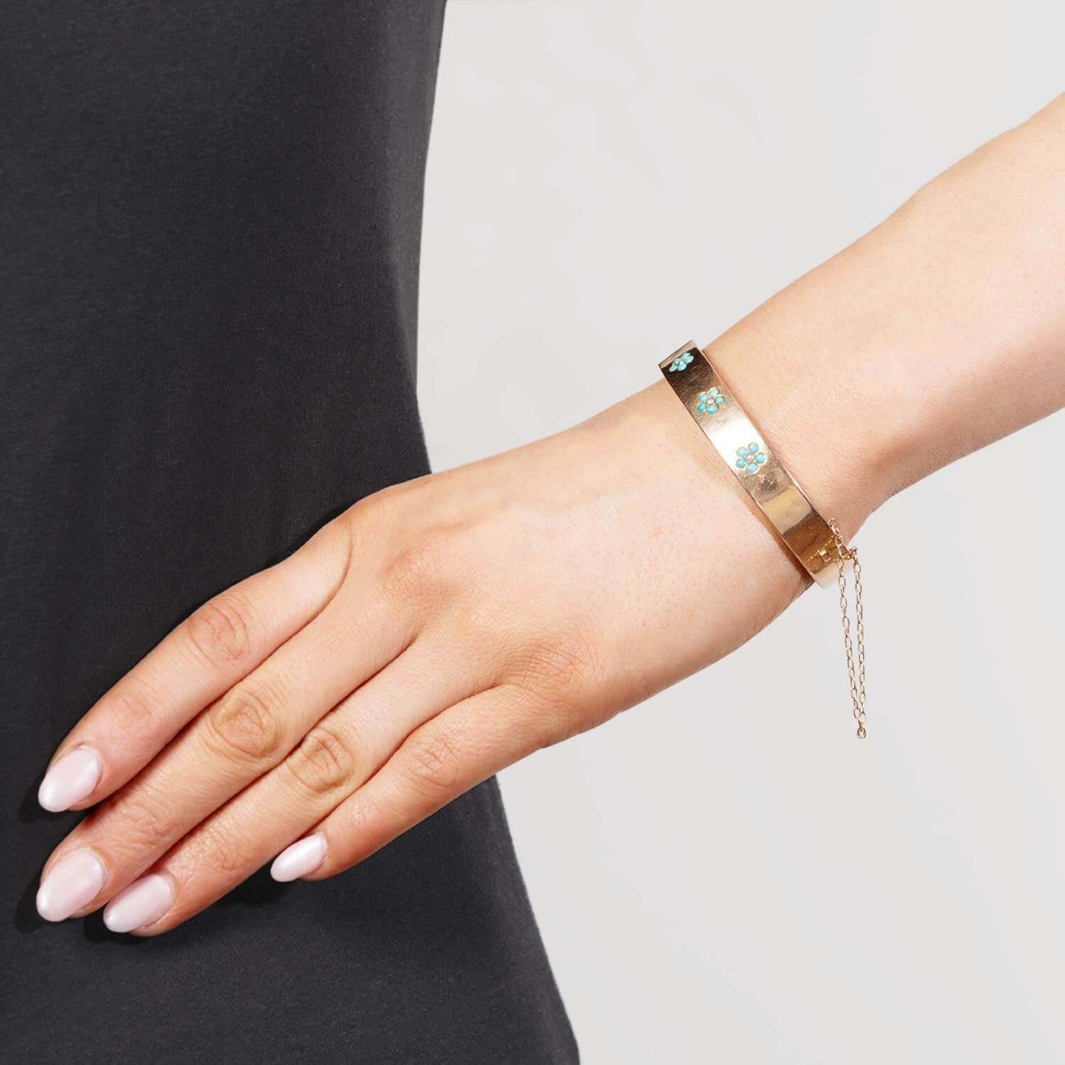 Victorian 14k Turquoise and Pearl Forget-Me-Not Bangle Bracelet For Sale 4