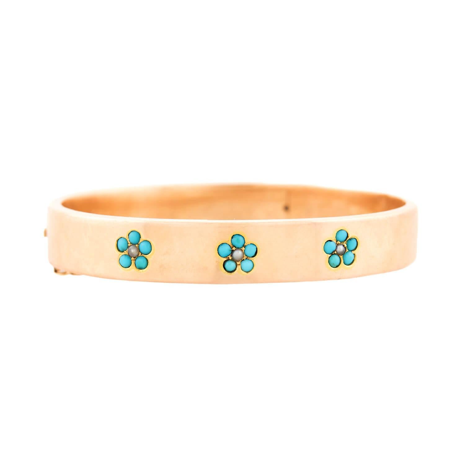Victorian 14k Turquoise and Pearl Forget-Me-Not Bangle Bracelet For Sale