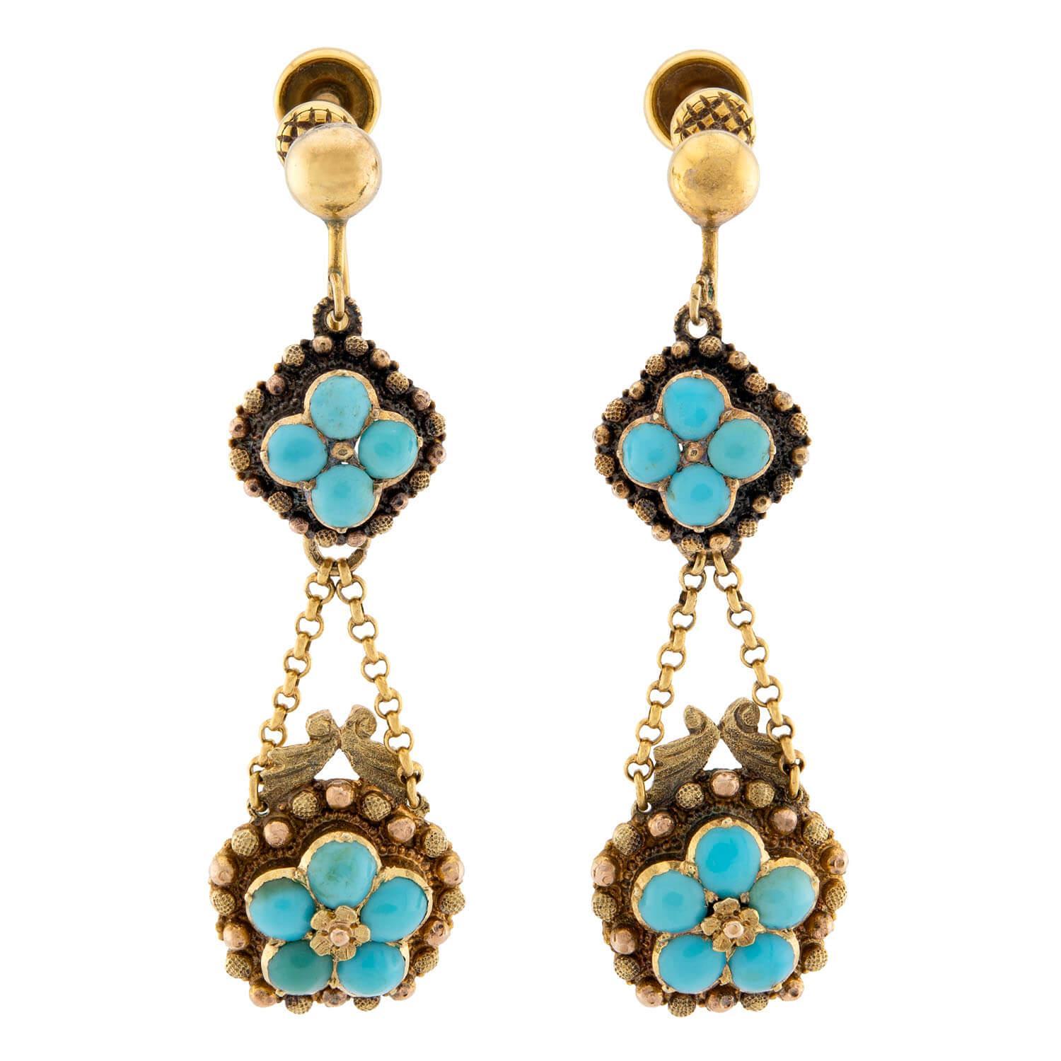 Victorian 14k Turquoise Dangle Earrings en vente
