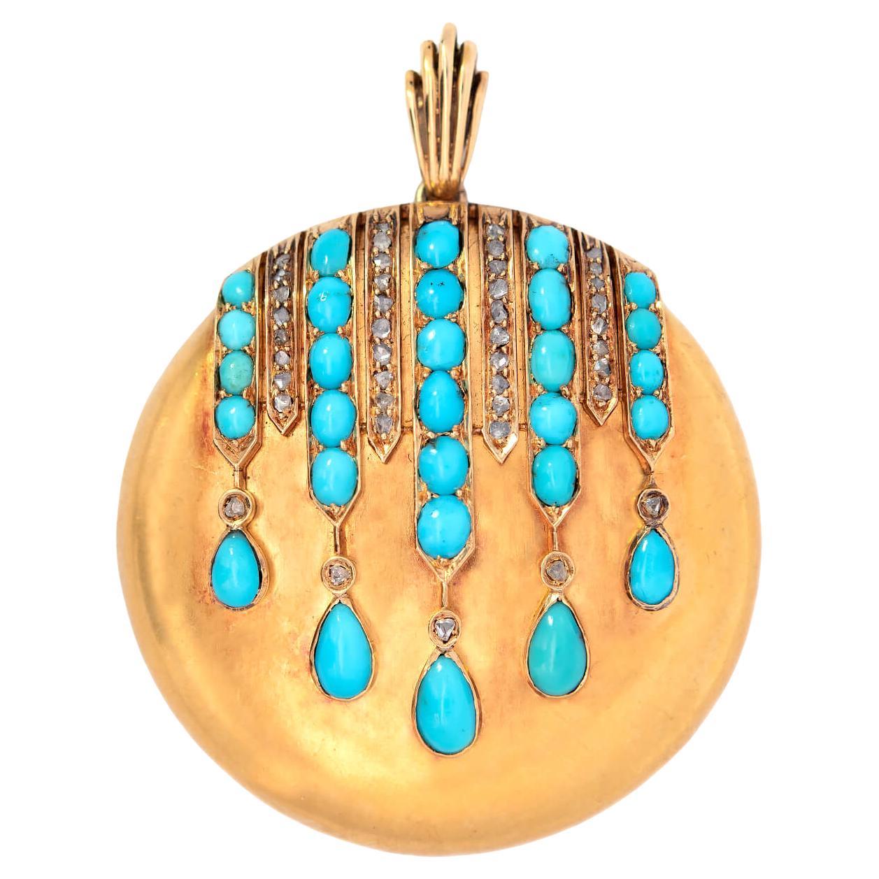 Victorian 14k Turquoise + Diamond Round Locket