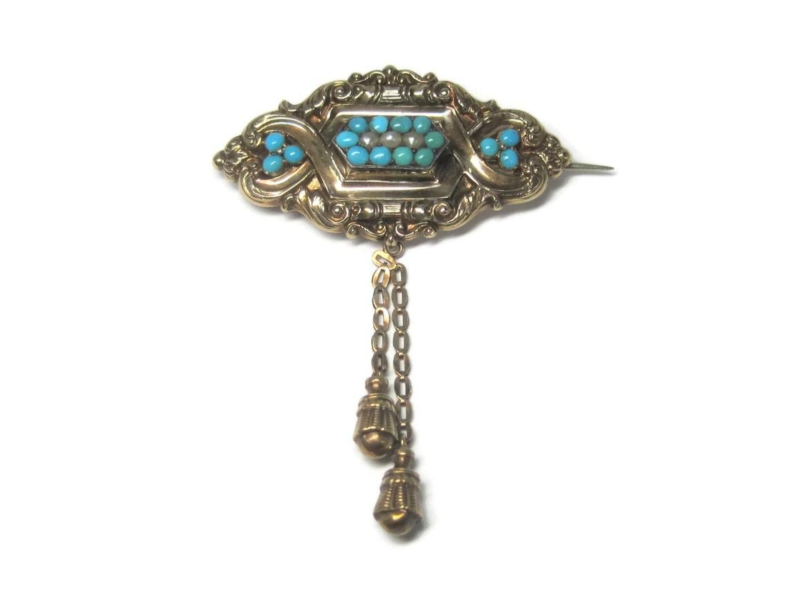 Victorian 14K Turquoise Pearl Brooch Pendant For Sale 4