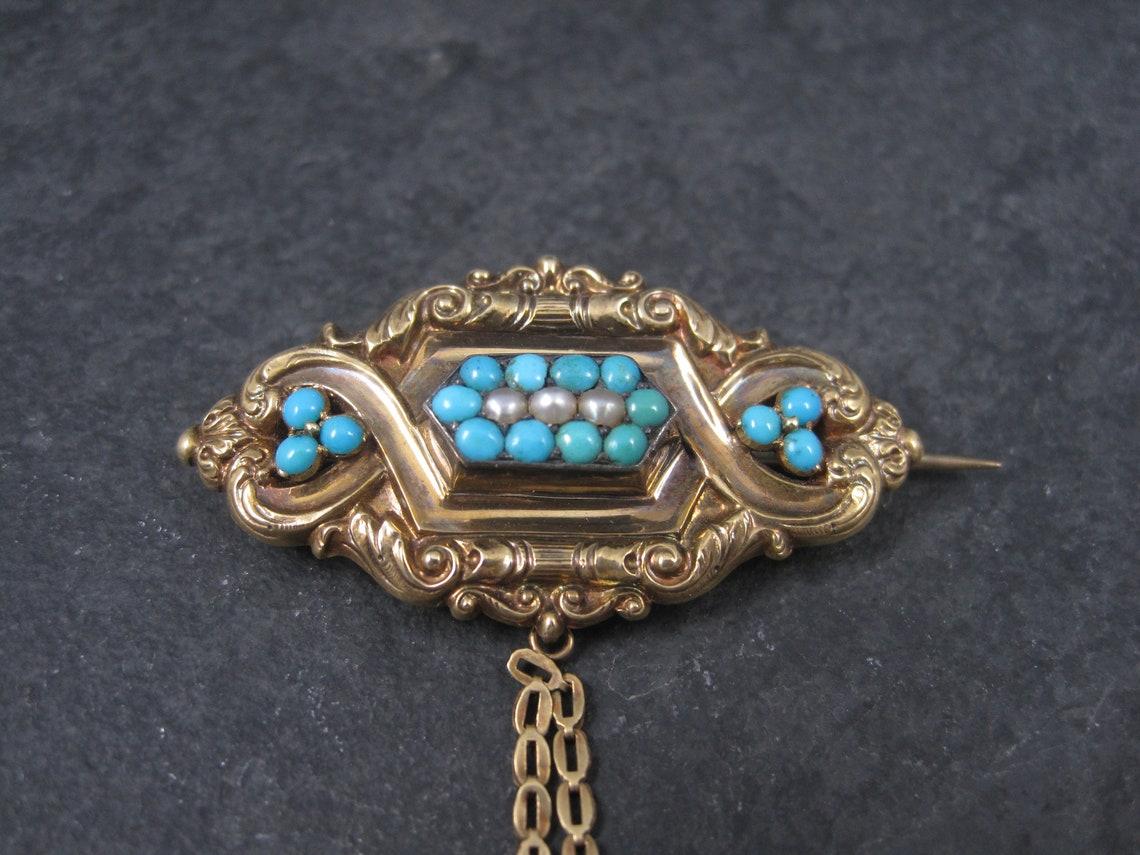 Late Victorian Victorian 14K Turquoise Pearl Brooch Pendant For Sale