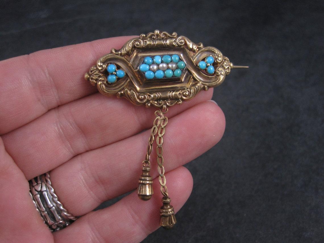 Mixed Cut Victorian 14K Turquoise Pearl Brooch Pendant For Sale