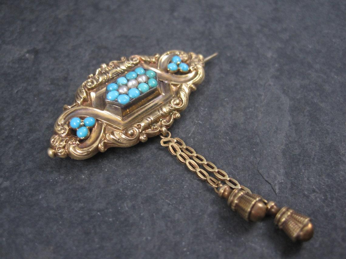 Women's Victorian 14K Turquoise Pearl Brooch Pendant For Sale