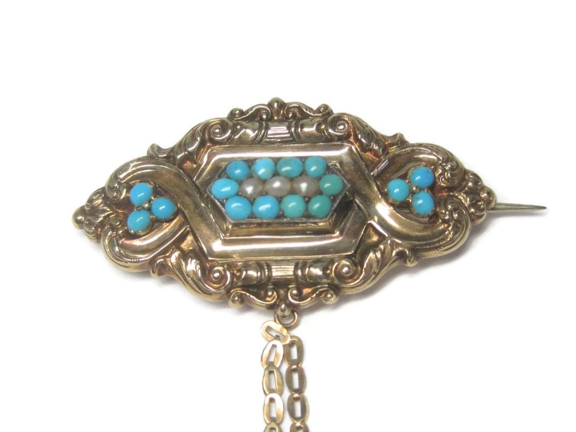 Victorian 14K Turquoise Pearl Brooch Pendant For Sale 1