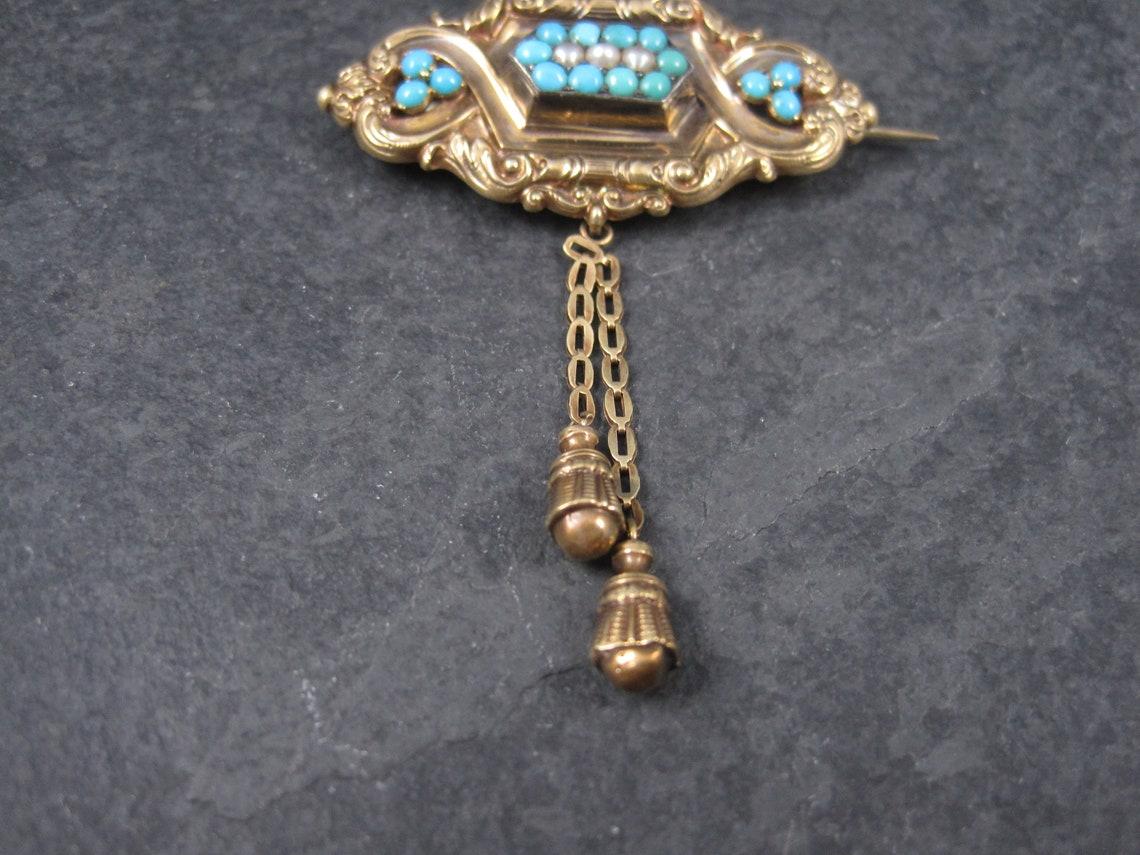 Victorian 14K Turquoise Pearl Brooch Pendant For Sale 3
