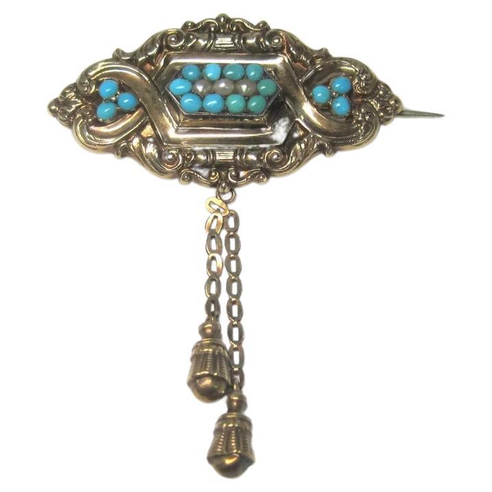 Victorian 14K Turquoise Pearl Brooch Pendant For Sale
