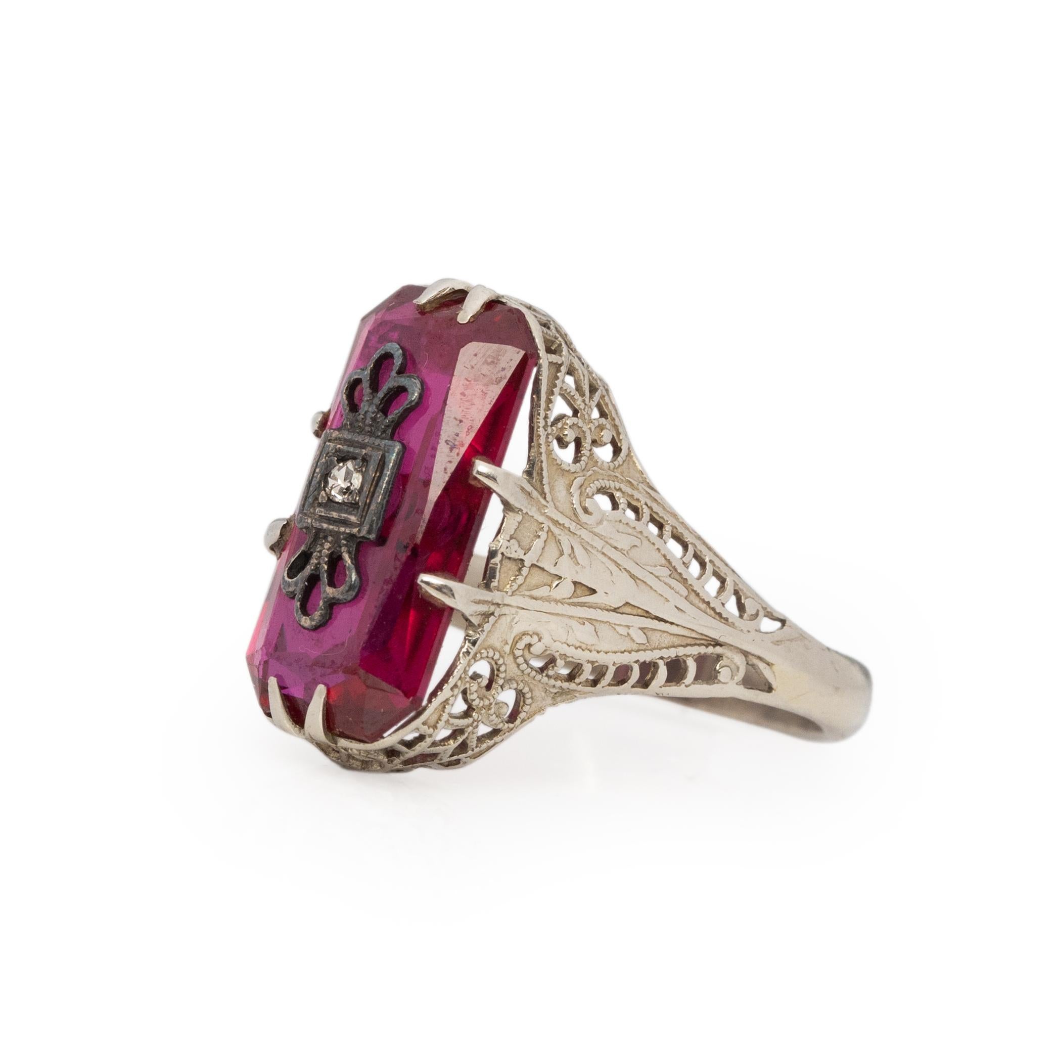 Women's or Men's Victorian 14K White Gold Antique Filigree and Red Stone Statement Ring